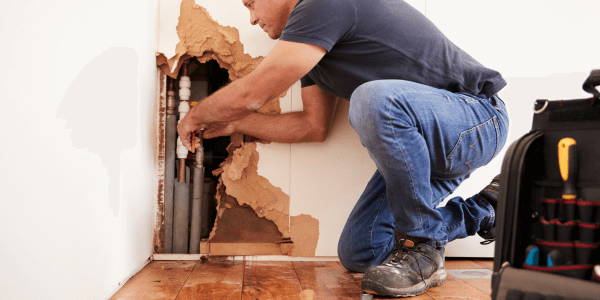 Middle Aged Man Repairing pipe burst in home