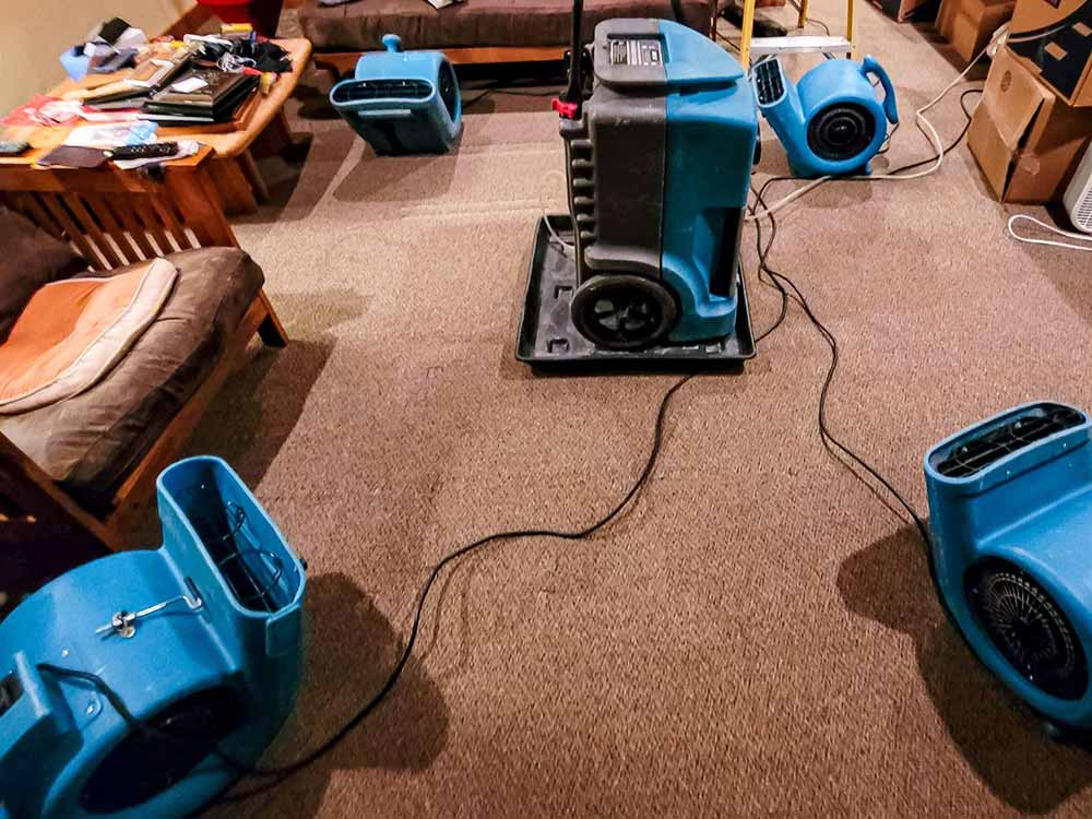 fans and dehumidifier drying ceiling after water damage