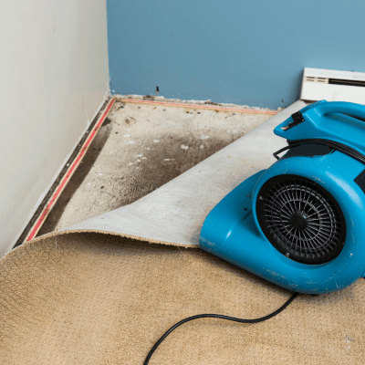 water damaged floors and walls in house. dehumidifier pointing at walls. 